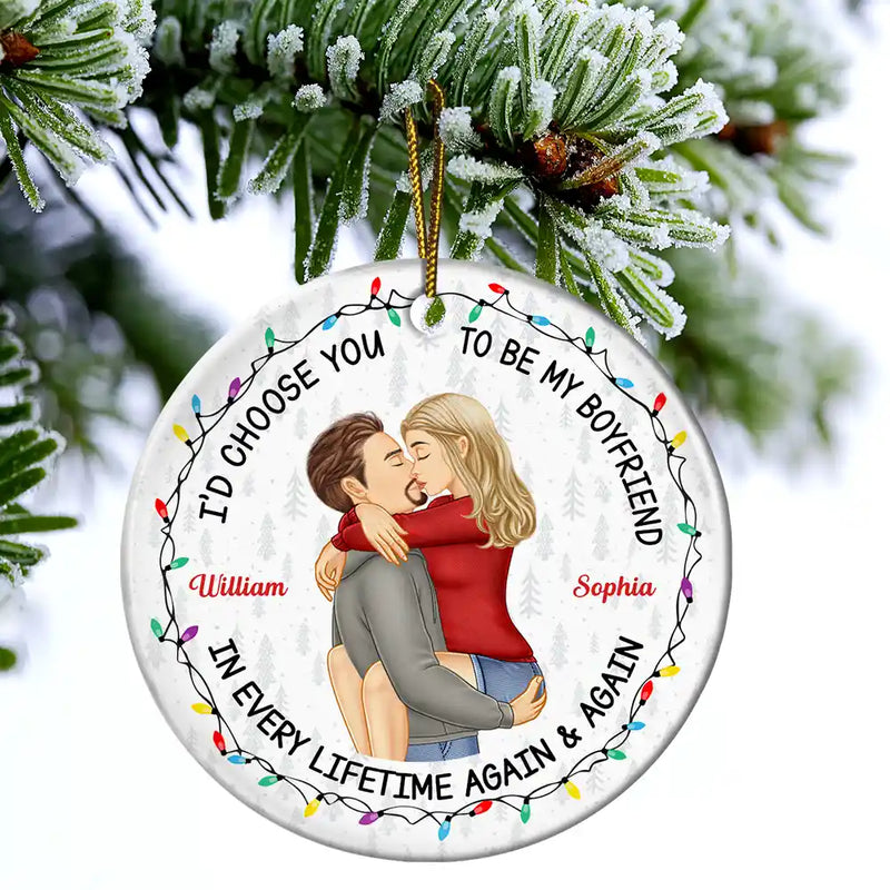 Christmas, Gift For Couples, Gift For Husband, Gift For Wife, Gift For Boyfriend, Gift For Girlfriend, Happy - Couple Side View I'd Choose You - Personalized Circle Ceramic Ornament