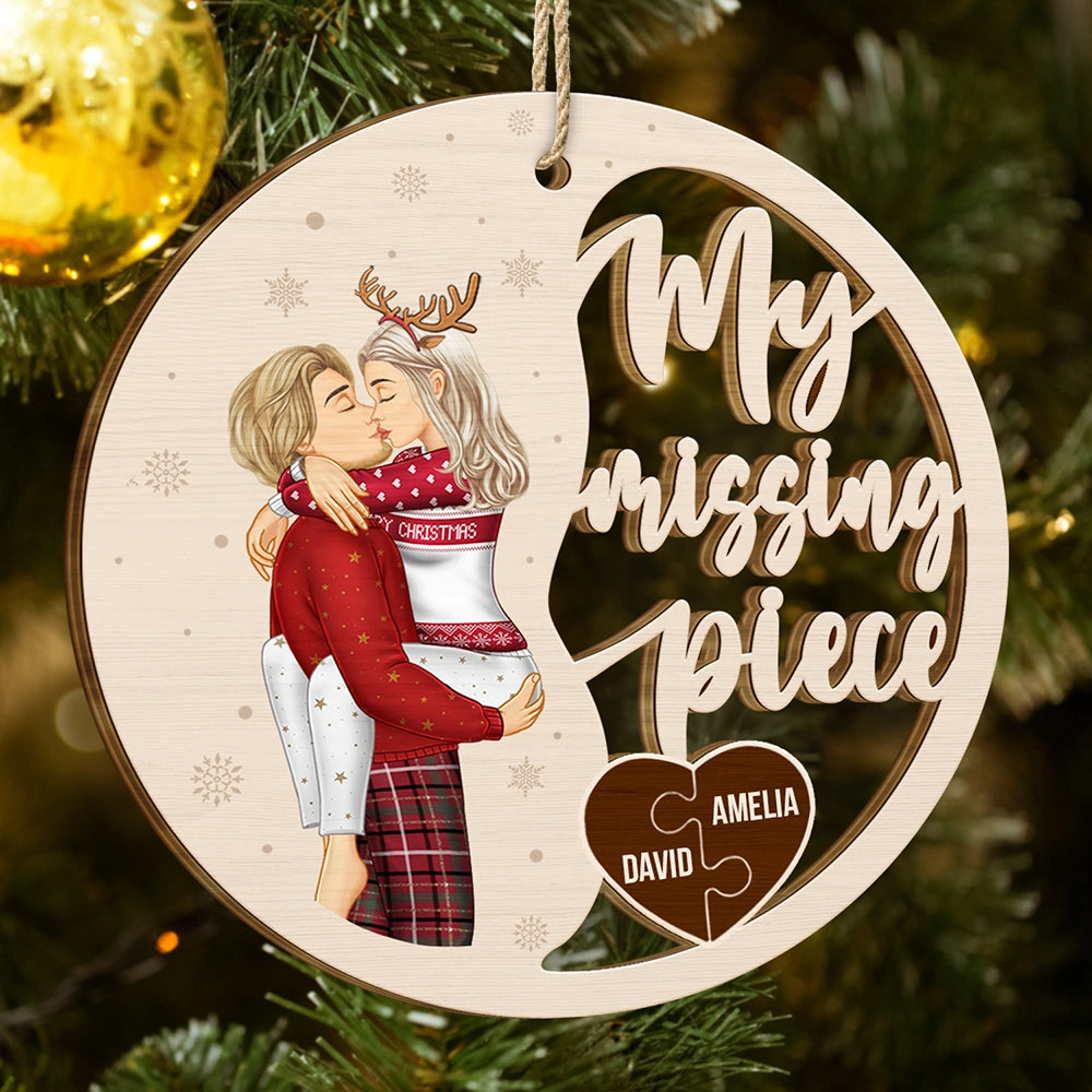 Couple Side View Kissing My Missing Piece - Personalized Custom Shaped Wooden Ornament