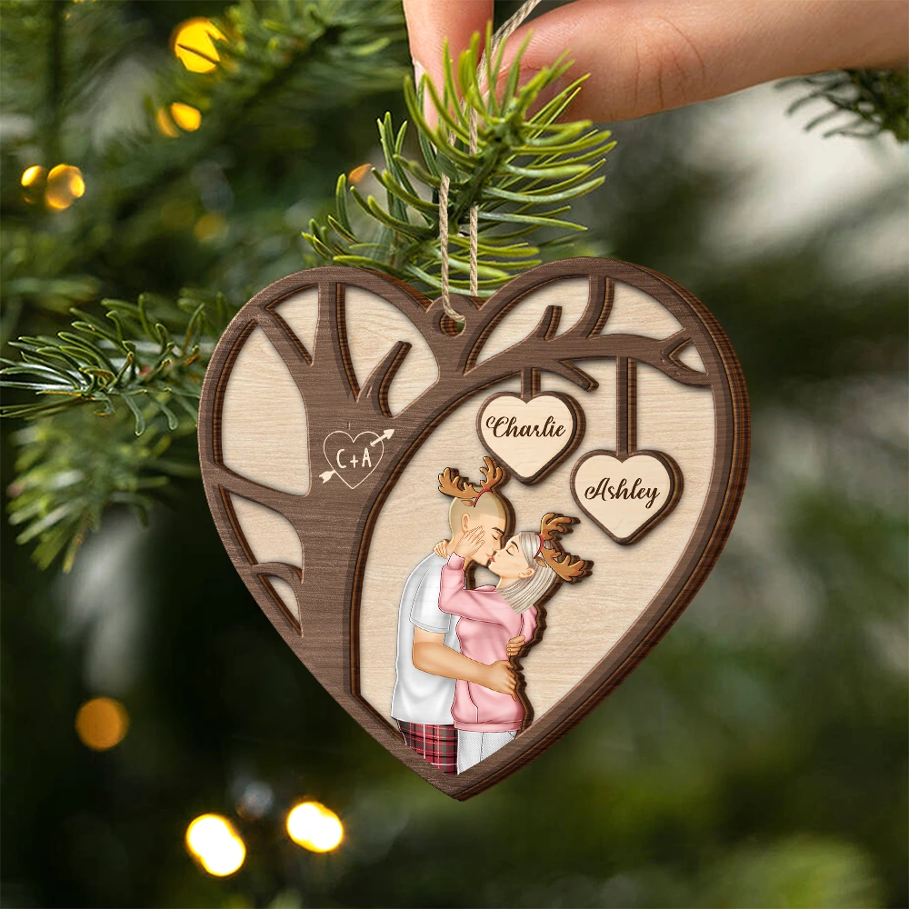 Gift For Couples,Gift For Husband,Gift For Wife,Gift For Boyfriend,Gift For Girlfriend,Happy - Couple Side View Kissing Under Tree - Personalized 2-Layered Wooden Ornament