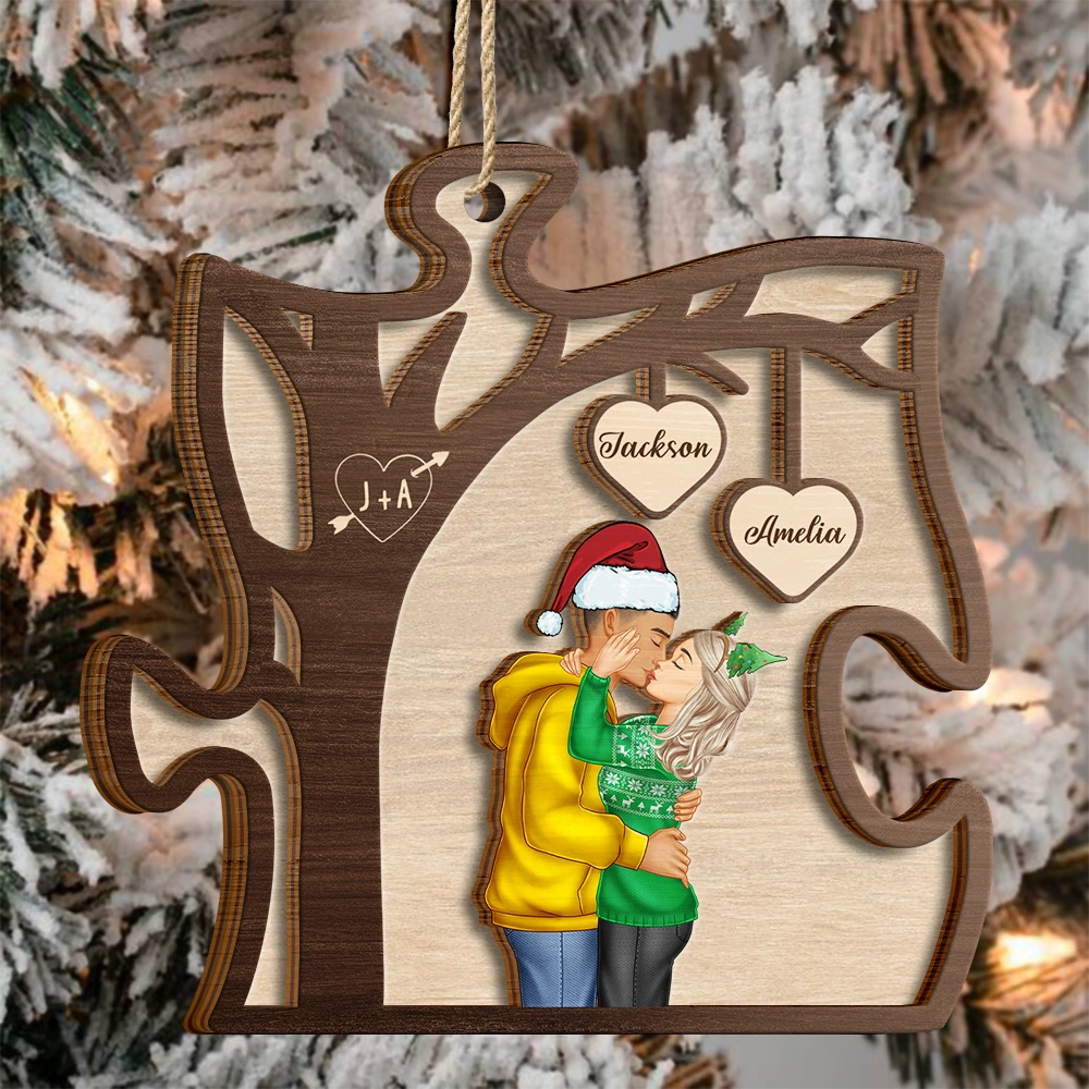 Gift For Couples,Gift For Husband,Gift For Wife,Gift For Boyfriend,Gift For Girlfriend,Happy - Couple Side View Kissing Under Tree - Personalized 2-Layered Wooden Ornament