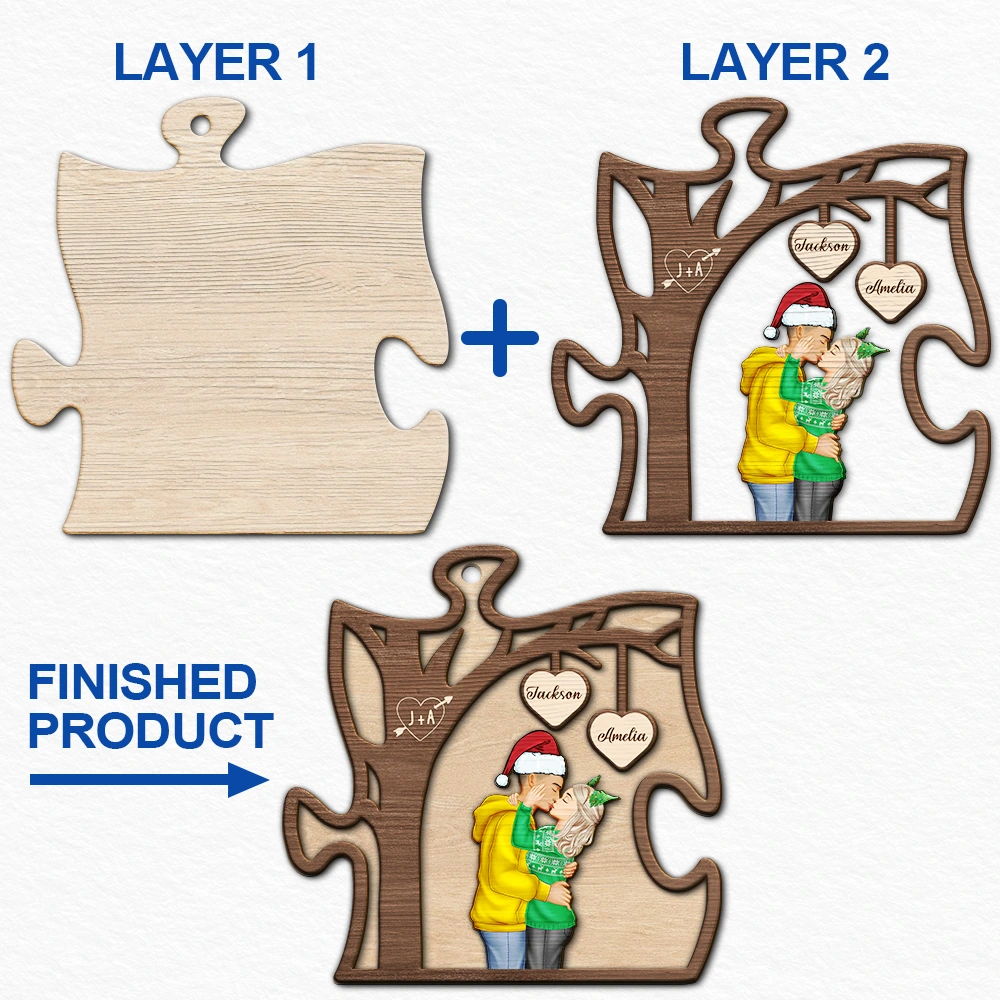 Gift For Couples,Gift For Husband,Gift For Wife,Gift For Boyfriend,Gift For Girlfriend,Happy - Couple Side View Kissing Under Tree - Personalized 2-Layered Wooden Ornament