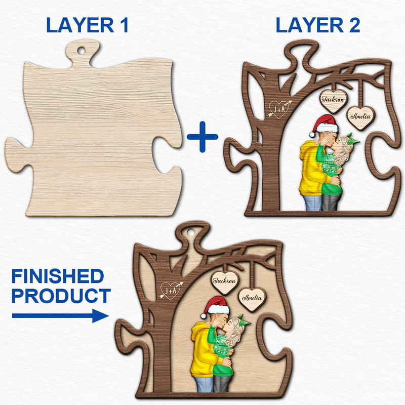 Gift For Couples,Gift For Husband,Gift For Wife,Gift For Boyfriend,Gift For Girlfriend,Happy - Couple Side View Kissing Under Tree - Personalized 2-Layered Wooden Ornament