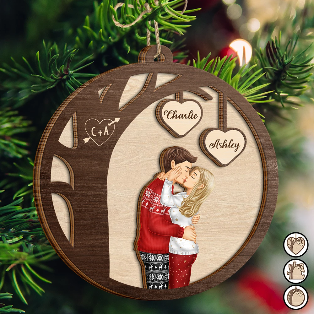 Couple Side View Kissing Under Tree - Personalized 2-Layered Wooden Ornament