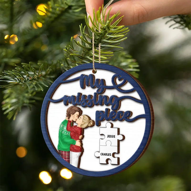 Christmas,Gift For Couples,Gift For Husband,Gift For Wife,Gift For Boyfriend,Gift For Girlfriend,Happy - Couple Side View My Missing Piece - Personalized 2-Layered Wooden Ornament