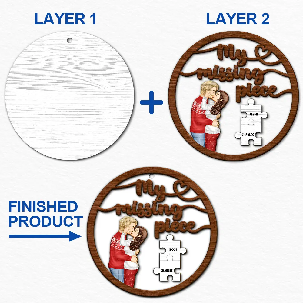 Christmas,Gift For Couples,Gift For Husband,Gift For Wife,Gift For Boyfriend,Gift For Girlfriend,Happy - Couple Side View My Missing Piece - Personalized 2-Layered Wooden Ornament