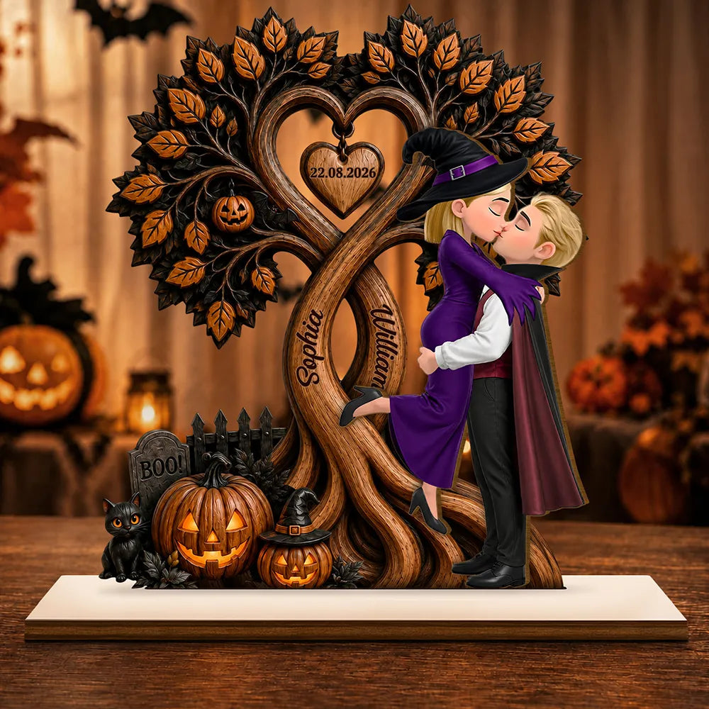 Couple Standing Halloween Under Heart Tree - Personalized Custom Shaped Wooden Plaque