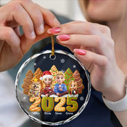 Christmas, Gift For Couples, Pet Lovers, Pet Couple, Happy - Couple With Kids & Pet Cake Cookie Tree - Personalized Circle Glass Ornament