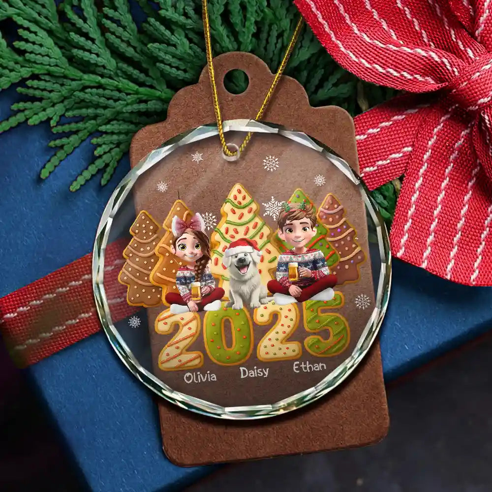 Christmas, Gift For Couples, Pet Lovers, Pet Couple, Happy - Couple With Kids & Pet Cake Cookie Tree - Personalized Circle Glass Ornament