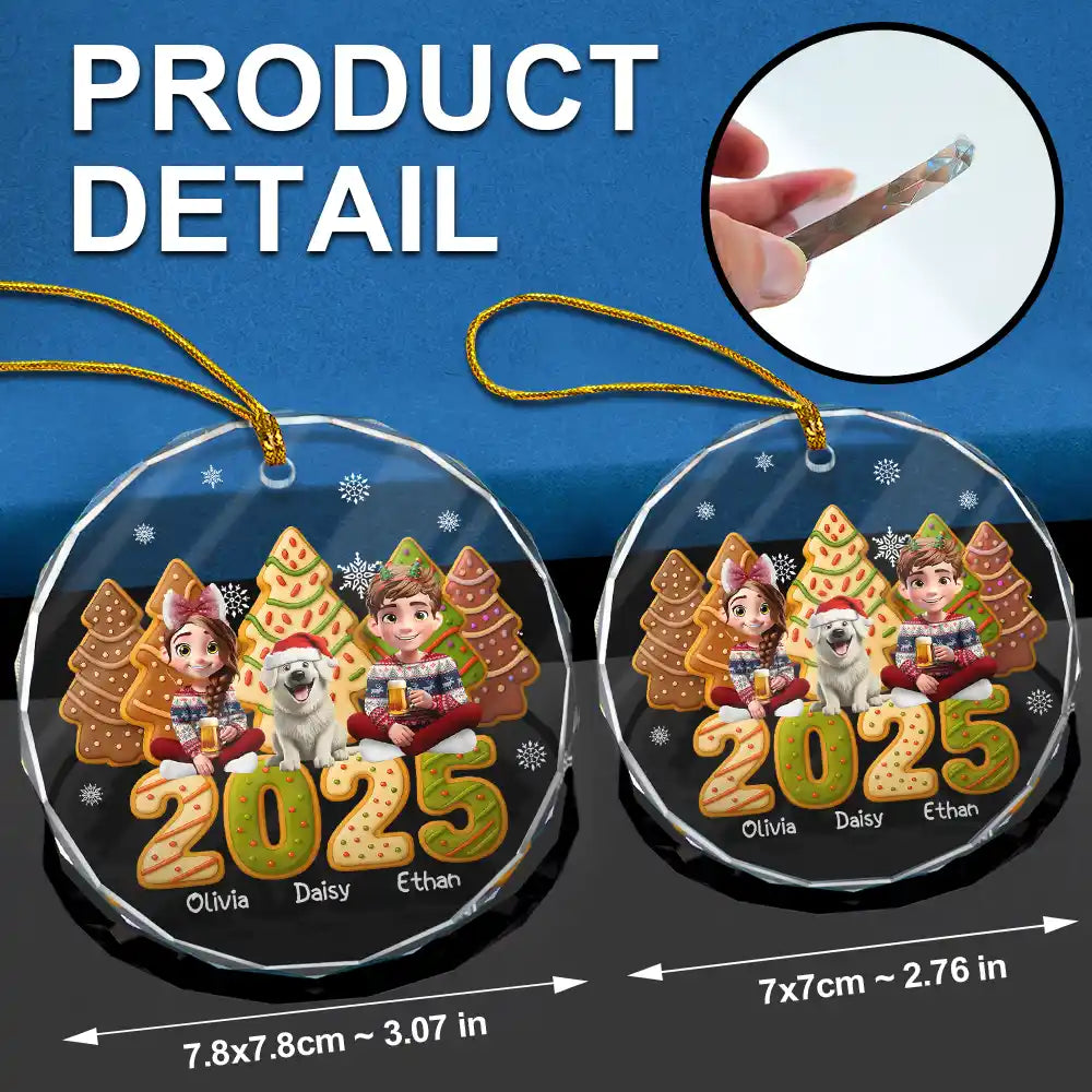 Christmas, Gift For Couples, Pet Lovers, Pet Couple, Happy - Couple With Kids & Pet Cake Cookie Tree - Personalized Circle Glass Ornament
