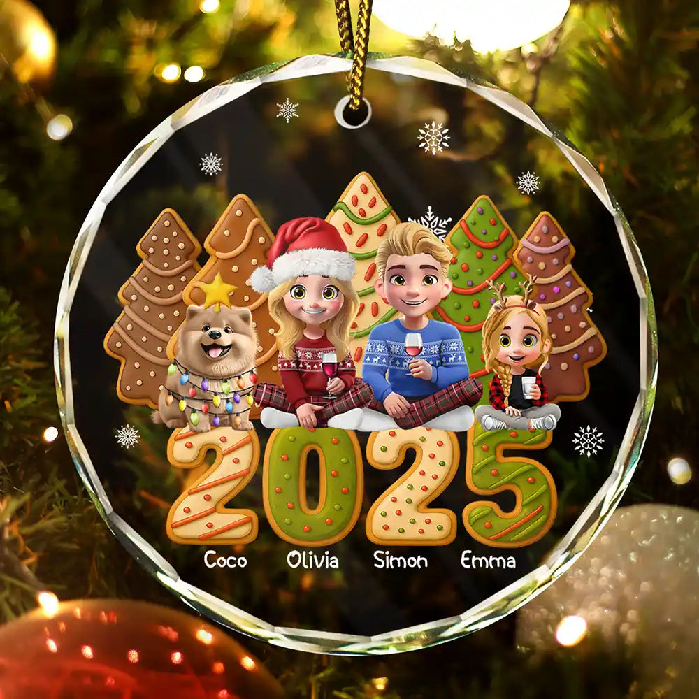 Christmas, Gift For Couples, Pet Lovers, Pet Couple, Happy - Couple With Kids & Pet Cake Cookie Tree - Personalized Circle Glass Ornament