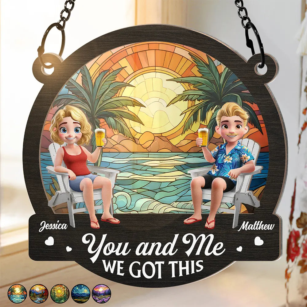 Gift For Couples,Gift For Husband,Gift For Wife,Gift For Boyfriend,Gift For Girlfriend,Happy - Couple You And Me We Got This Beach Lake Campsite View - Personalized Window Hanging Suncatcher Ornament