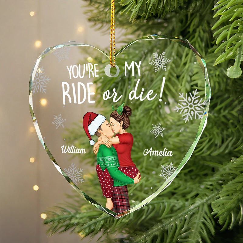 Christmas,Gift For Couples,Gift For Husband,Gift For Wife,Gift For Boyfriend,Gift For Girlfriend,Happy - Couple You're My Ride Or Die - Personalized Heart Shaped Glass Ornament