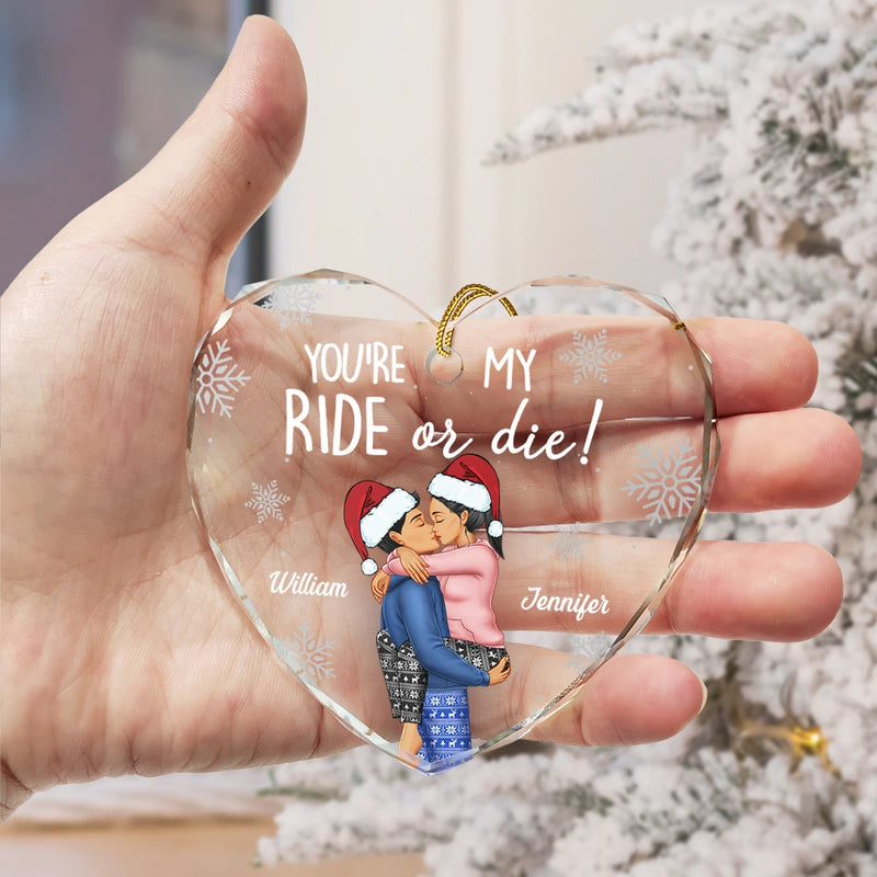 Christmas,Gift For Couples,Gift For Husband,Gift For Wife,Gift For Boyfriend,Gift For Girlfriend,Happy - Couple You're My Ride Or Die - Personalized Heart Shaped Glass Ornament