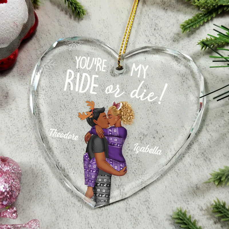 Christmas,Gift For Couples,Gift For Husband,Gift For Wife,Gift For Boyfriend,Gift For Girlfriend,Happy - Couple You're My Ride Or Die - Personalized Heart Shaped Glass Ornament