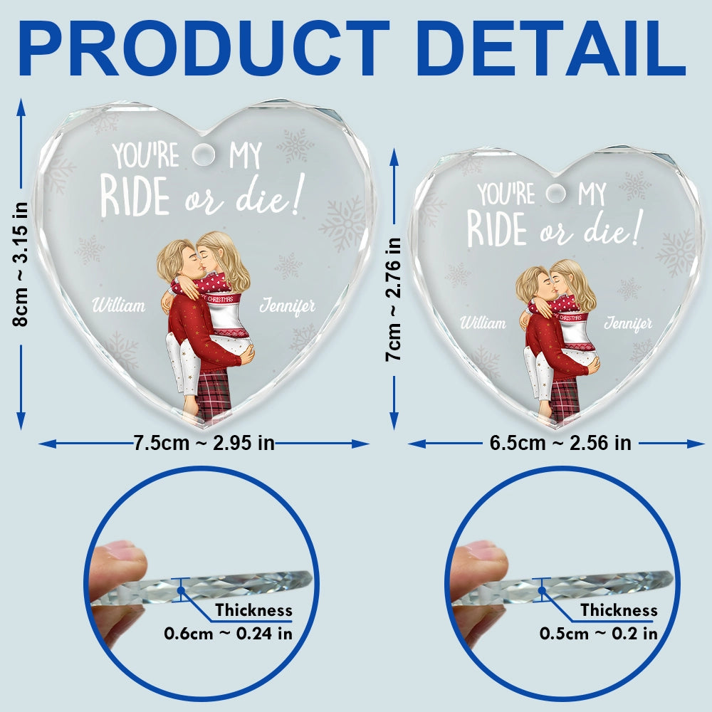 Christmas,Gift For Couples,Gift For Husband,Gift For Wife,Gift For Boyfriend,Gift For Girlfriend,Happy - Couple You're My Ride Or Die - Personalized Heart Shaped Glass Ornament