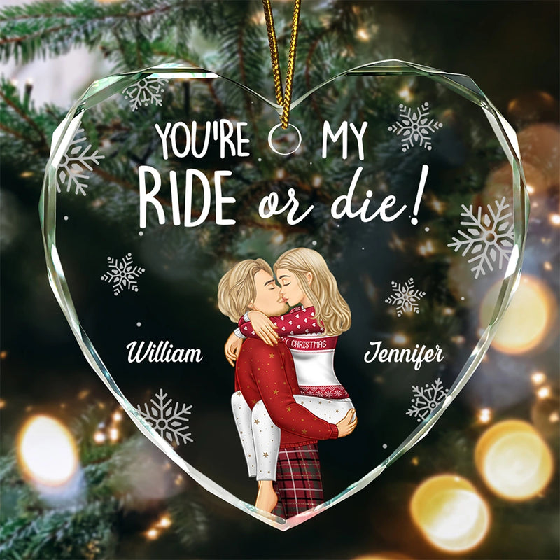 Christmas,Gift For Couples,Gift For Husband,Gift For Wife,Gift For Boyfriend,Gift For Girlfriend,Happy - Couple You're My Ride Or Die - Personalized Heart Shaped Glass Ornament