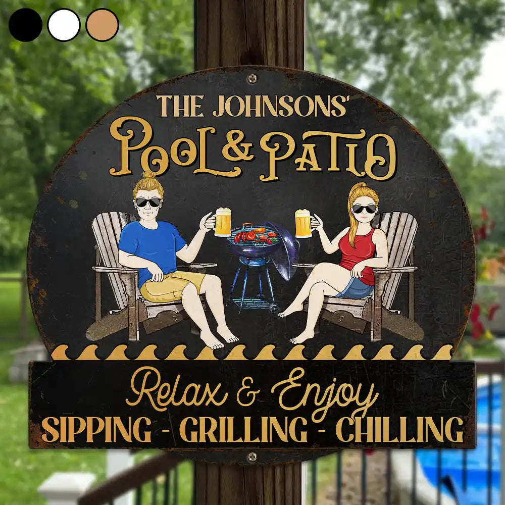 Couple Pool & Patio Sipping Chilling - Personalized Custom Shaped Metal Sign