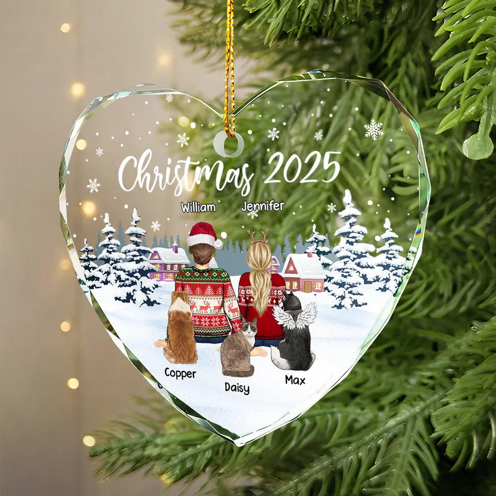 Gift For Couples,Pet Couple,Pet Lovers,Christmas,Happy - Couple & Pets Christmas - Personalized Heart Shaped Glass Ornament