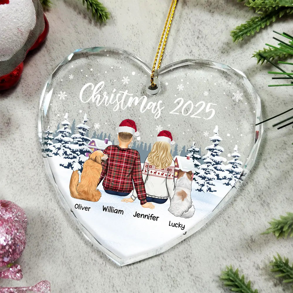 Gift For Couples,Pet Couple,Pet Lovers,Christmas,Happy - Couple & Pets Christmas - Personalized Heart Shaped Glass Ornament