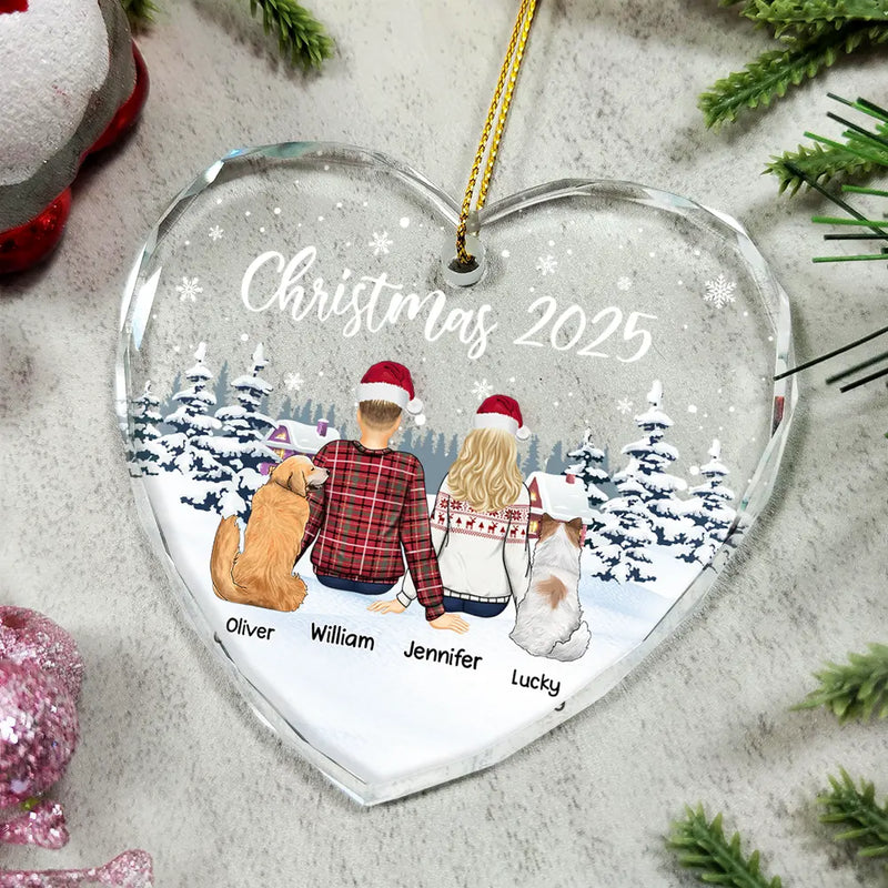 Gift For Couples,Pet Couple,Pet Lovers,Christmas,Happy - Couple & Pets Christmas - Personalized Heart Shaped Glass Ornament