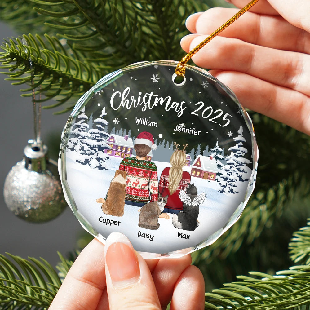 Gift For Couples,Pet Lovers,Pet Couple,Gift For Husband,Gift For Wife,Gift For Boyfriend,Gift For Girlfriend - Couple & Pets Christmas 2024 - Personalized Circle Glass Ornament
