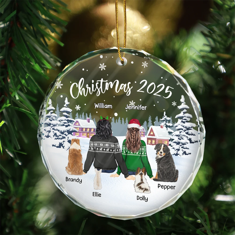 Gift For Couples,Pet Lovers,Pet Couple,Gift For Husband,Gift For Wife,Gift For Boyfriend,Gift For Girlfriend - Couple & Pets Christmas 2024 - Personalized Circle Glass Ornament