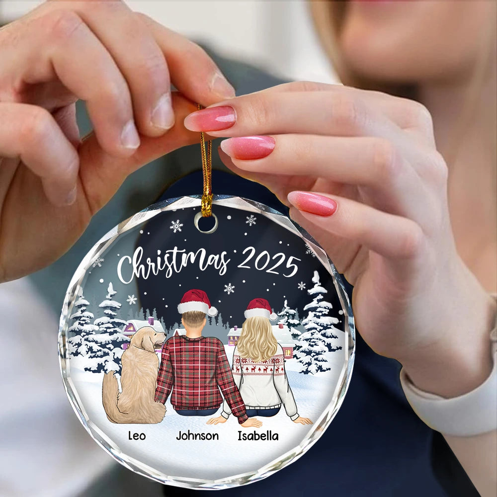 Gift For Couples,Pet Lovers,Pet Couple,Gift For Husband,Gift For Wife,Gift For Boyfriend,Gift For Girlfriend - Couple & Pets Christmas 2024 - Personalized Circle Glass Ornament