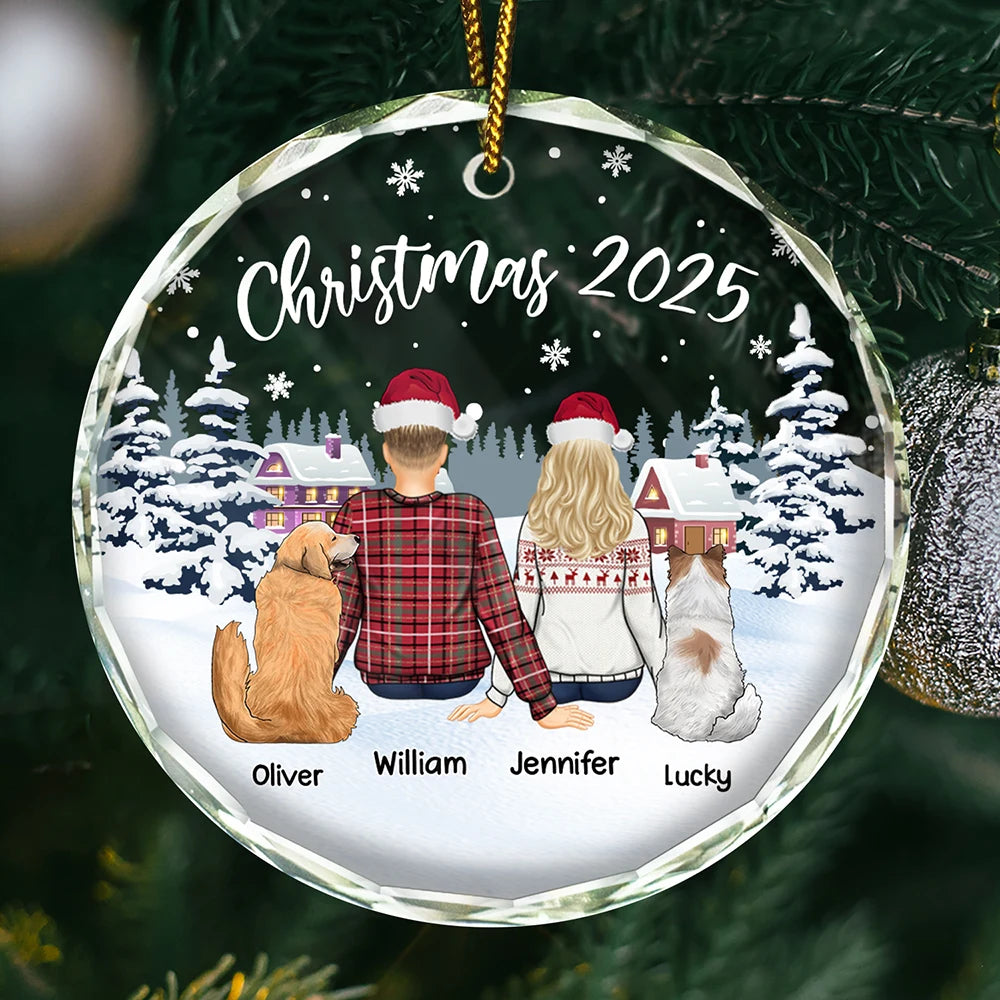Gift For Couples,Pet Lovers,Pet Couple,Gift For Husband,Gift For Wife,Gift For Boyfriend,Gift For Girlfriend - Couple & Pets Christmas 2024 - Personalized Circle Glass Ornament