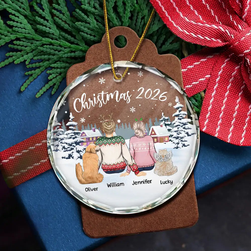 Gift For Couples,Pet Lovers,Pet Couple,Gift For Husband,Gift For Wife,Gift For Boyfriend,Gift For Girlfriend - Couple & Pets Christmas - Personalized Circle Glass Ornament