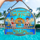 Vector,Patio,Poolside,Gift For Couples,Gift For Husband,Gift For Wife,Gift For Boyfriend,Gift For Girlfriend,Funny - Couple Poolside Paradise Relax Enjoy Stained Glass Effect - Personalized Window Hanging Suncatcher Ornament