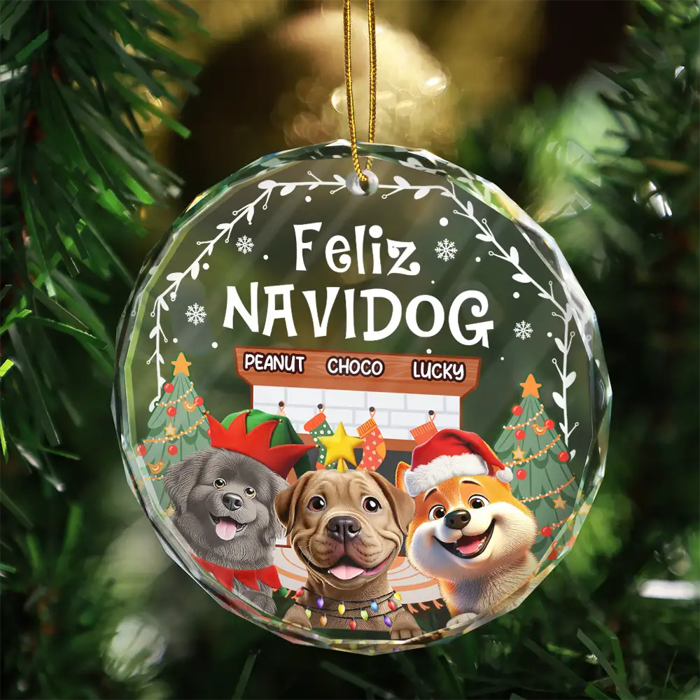 Dog Lovers,Dog Mom,Dog Dad,Happy,Christmas - Cozy Room Feliz Navidog 3D Effect Dog - Personalized Circle Glass Ornament