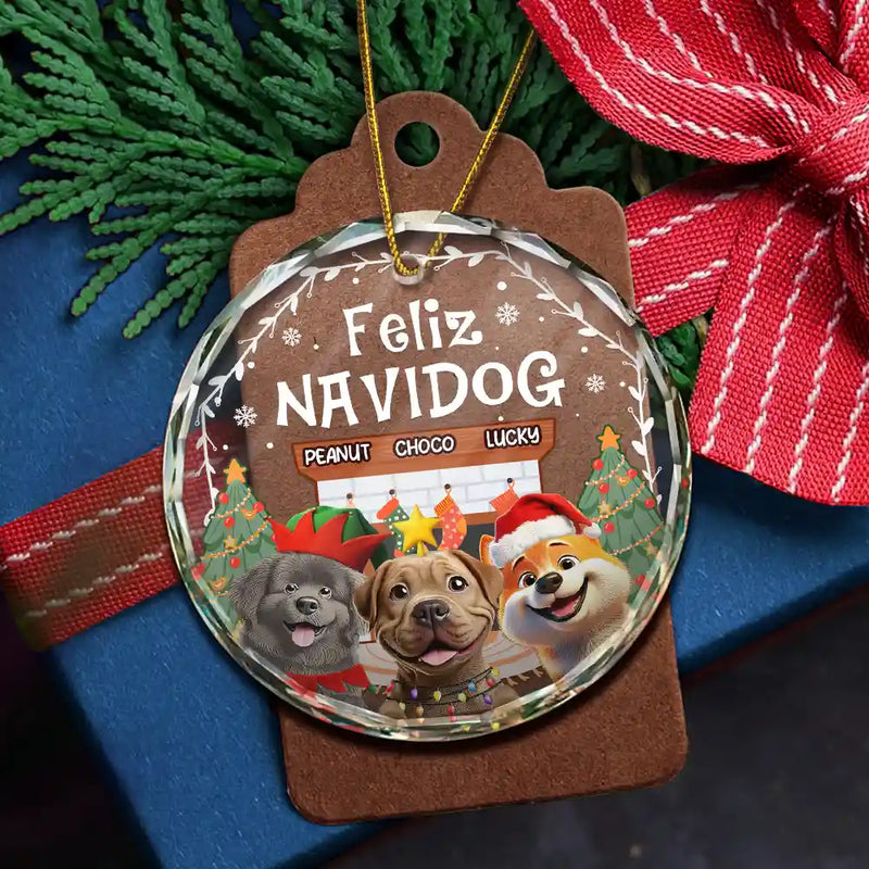 Dog Lovers,Dog Mom,Dog Dad,Happy,Christmas - Cozy Room Feliz Navidog 3D Effect Dog - Personalized Circle Glass Ornament