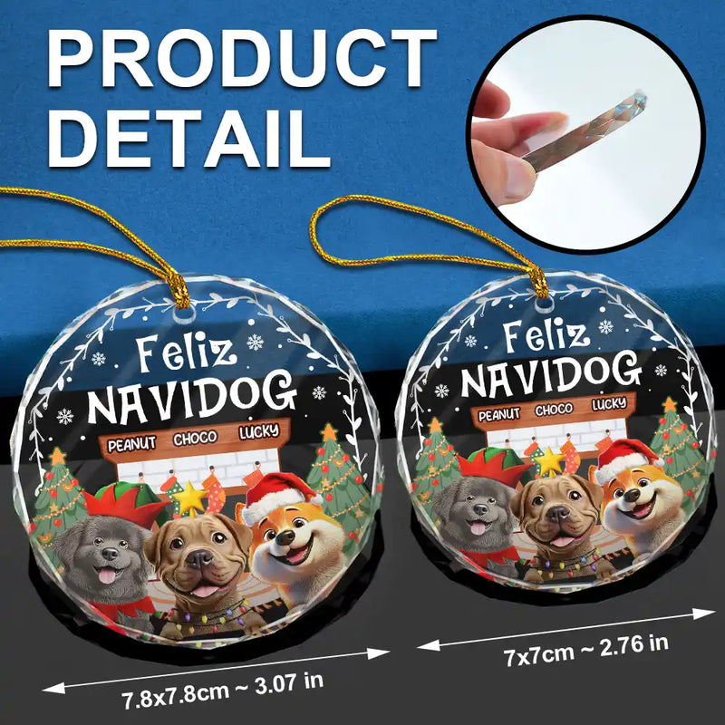 Dog Lovers,Dog Mom,Dog Dad,Happy,Christmas - Cozy Room Feliz Navidog 3D Effect Dog - Personalized Circle Glass Ornament