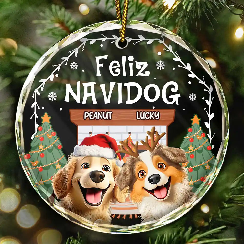 Dog Lovers,Dog Mom,Dog Dad,Happy,Christmas - Cozy Room Feliz Navidog 3D Effect Dog - Personalized Circle Glass Ornament