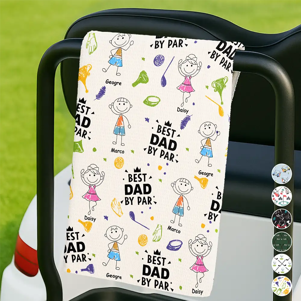 Crayon Kids Doodle Child Drawing Best Dad Grandad By Par - Personalized Golf Towel