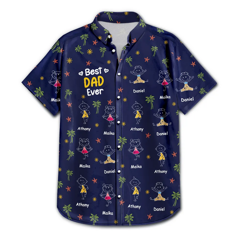 Gift For Father,Gift For Grandpa,Funny,Non-Eng,Icon,Humorous - Crayon Kids Doodle Child Drawing Best Dad Grandpa Ever - Personalized Hawaiian Shirt