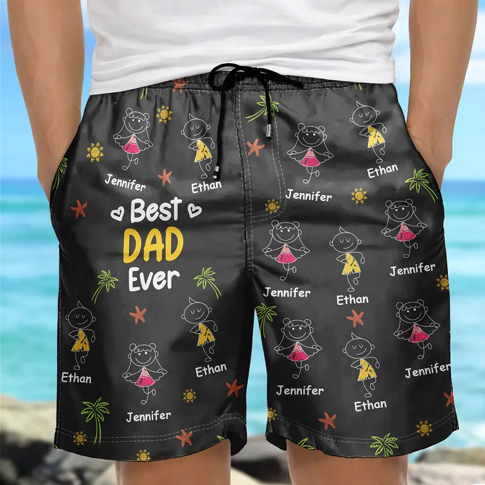 Crayon Kids Doodle Child Drawing Best Dad Grandpa Ever - Personalized Unisex Beach Shorts