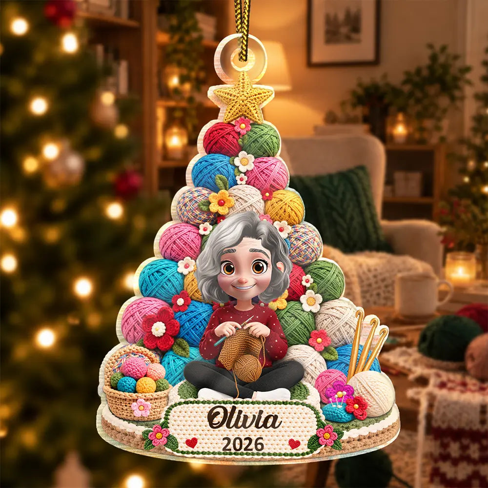 Crocheting Knitting Woman Sitting By Yarn Christmas Tree - Personalized Custom Shaped Acrylic Ornament
