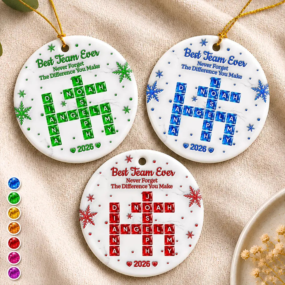 Grateful,Gift For Colleagues,Christmas,Crossword - Crossword 3D Inflated Effect Best Team Ever Never Forget The Difference You Make - Personalized Circle Ceramic Ornament