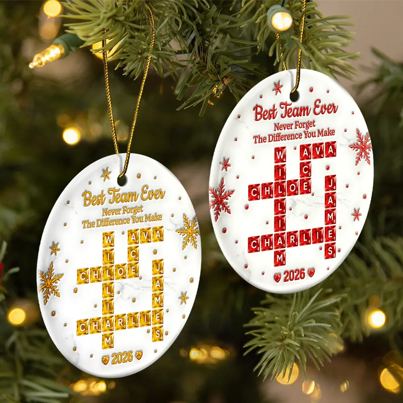 Grateful,Gift For Colleagues,Christmas,Crossword - Crossword 3D Inflated Effect Best Team Ever Never Forget The Difference You Make - Personalized Circle Ceramic Ornament