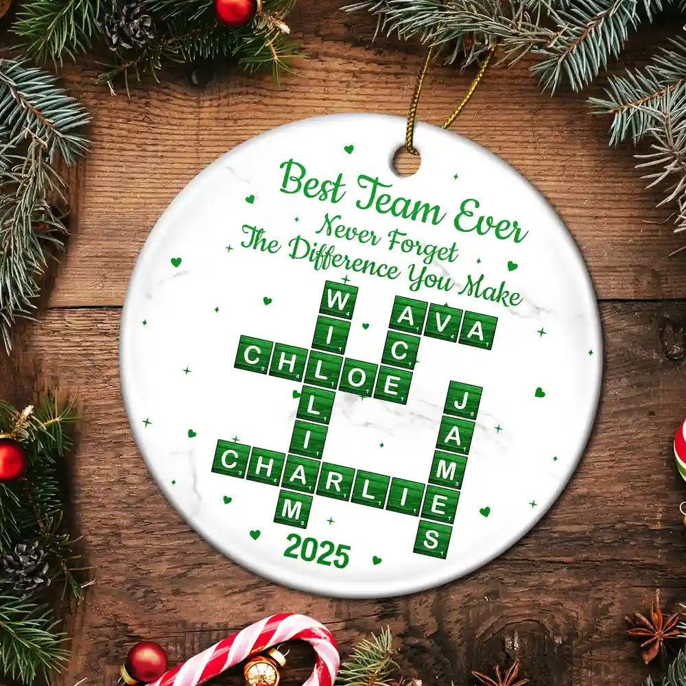 Gifts For Colleagues, Happy, Christmas - Crossword Best Team Ever - Personalized Circle Ceramic Ornament