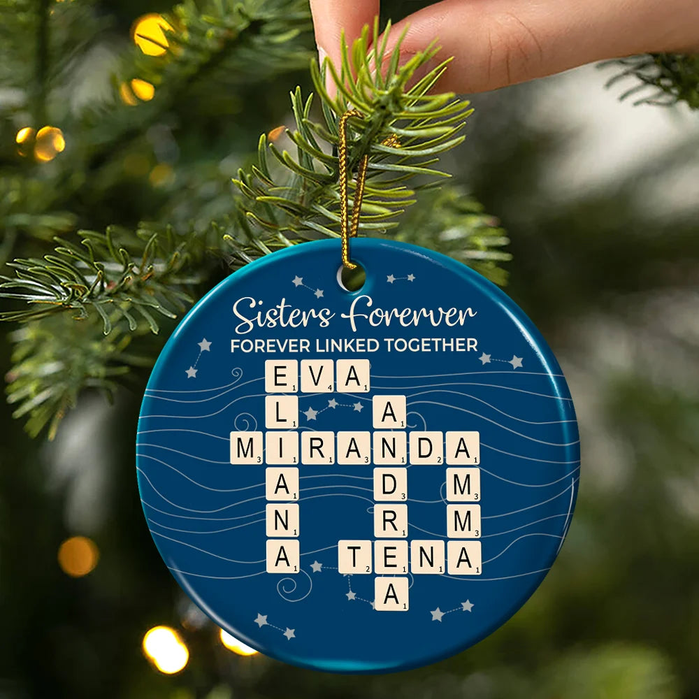 Gift For Brothers,Gift For Sisters,Gift For Sibling,Happy,Christmas - Crossword Brothers & Sisters Forever Linked Together - Personalized Circle Ceramic Ornament