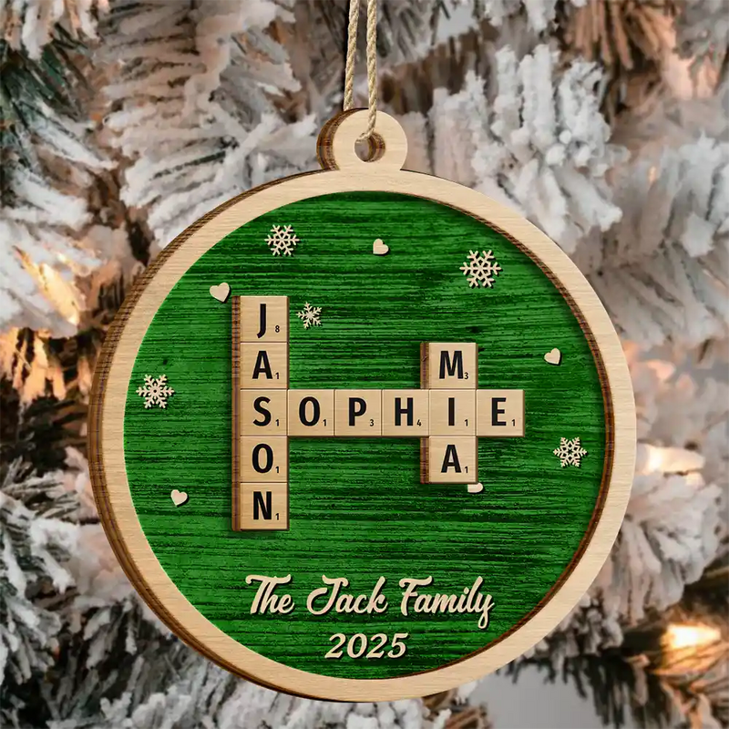 Family, Parents, Gift For Grandparents, Gift For Kids, Gift For Grandkids, Happy, Christmas, Top Market, Non-Eng - Crossword Christmas Family Name - Personalized 2-Layered Wooden Ornament