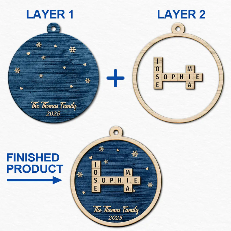 Family, Parents, Gift For Grandparents, Gift For Kids, Gift For Grandkids, Happy, Christmas, Top Market, Non-Eng - Crossword Christmas Family Name - Personalized 2-Layered Wooden Ornament