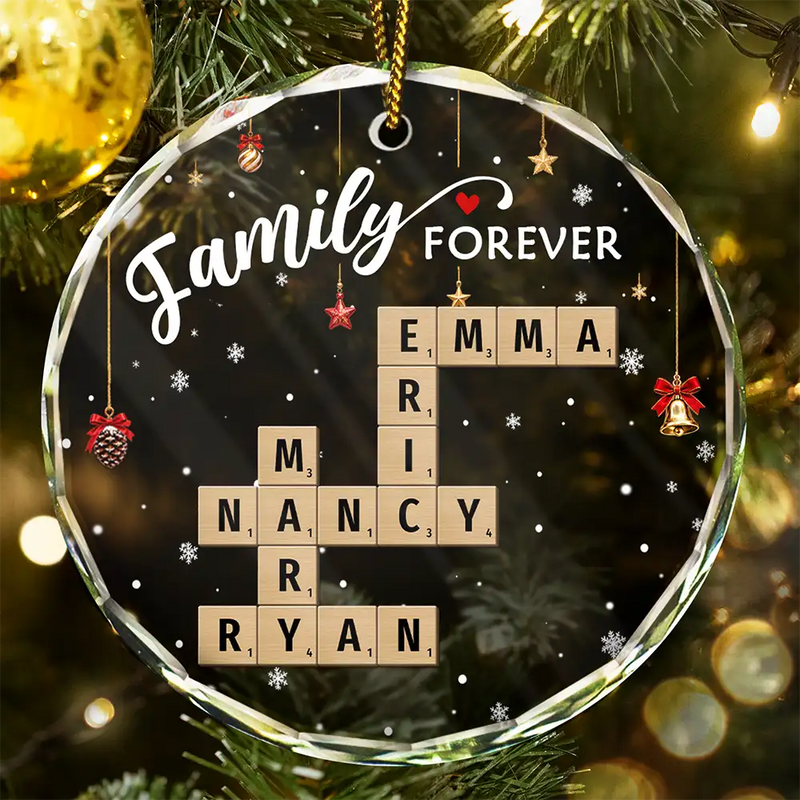 Christmas,Cozy,Family,Crossword - Crossword Family Forever - Personalized Circle Glass Ornament
