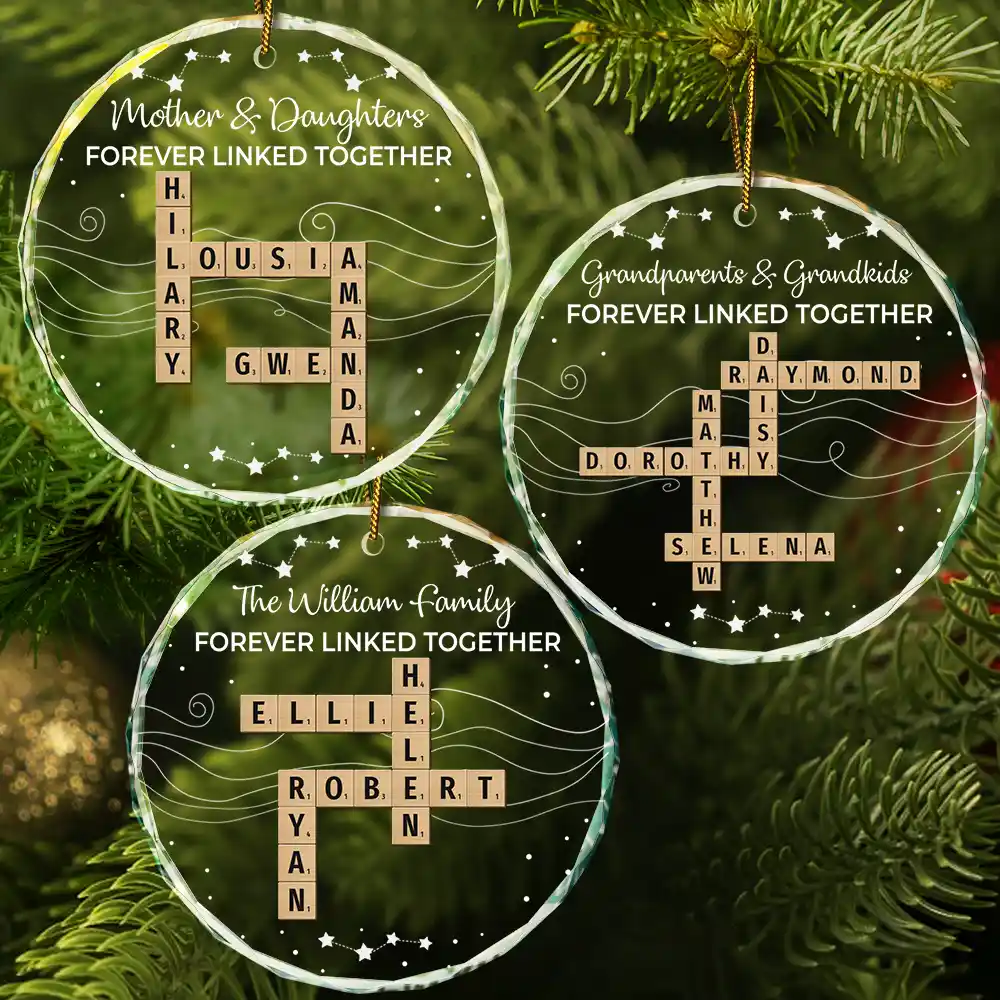 Family,Gift For Mother,Gift For Father,Gift For Brothers,Gift For Sisters,Gift For Grandpa,Gift For Grandma,Grandpa - Grandkids,Grandma - Grandkids,Gift For Grandkids,Cousin,Gift For Sibling,Gift For Women,Gift For Men,Gift For Daughter,Happy,Christmas - Crossword Family Forever Linked Together - Personalized Circle Glass Ornament