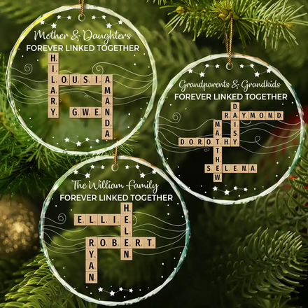 Crossword Family Forever Linked Together - Personalized Circle Glass Ornament