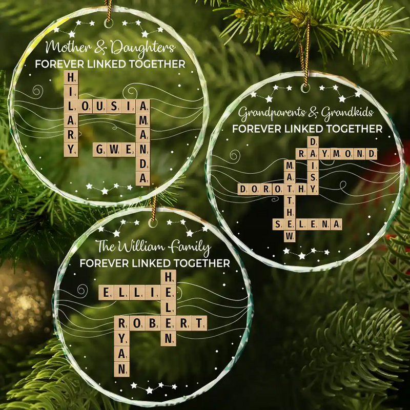 Family,Gift For Mother,Gift For Father,Gift For Brothers,Gift For Sisters,Gift For Grandpa,Gift For Grandma,Grandpa - Grandkids,Grandma - Grandkids,Gift For Grandkids,Cousin,Gift For Sibling,Gift For Women,Gift For Men,Gift For Daughter,Happy,Christmas - Crossword Family Forever Linked Together - Personalized Circle Glass Ornament