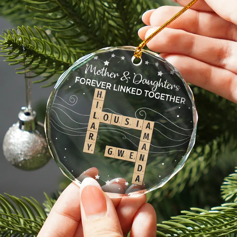 Family,Gift For Mother,Gift For Father,Gift For Brothers,Gift For Sisters,Gift For Grandpa,Gift For Grandma,Grandpa - Grandkids,Grandma - Grandkids,Gift For Grandkids,Cousin,Gift For Sibling,Gift For Women,Gift For Men,Gift For Daughter,Happy,Christmas - Crossword Family Forever Linked Together - Personalized Circle Glass Ornament