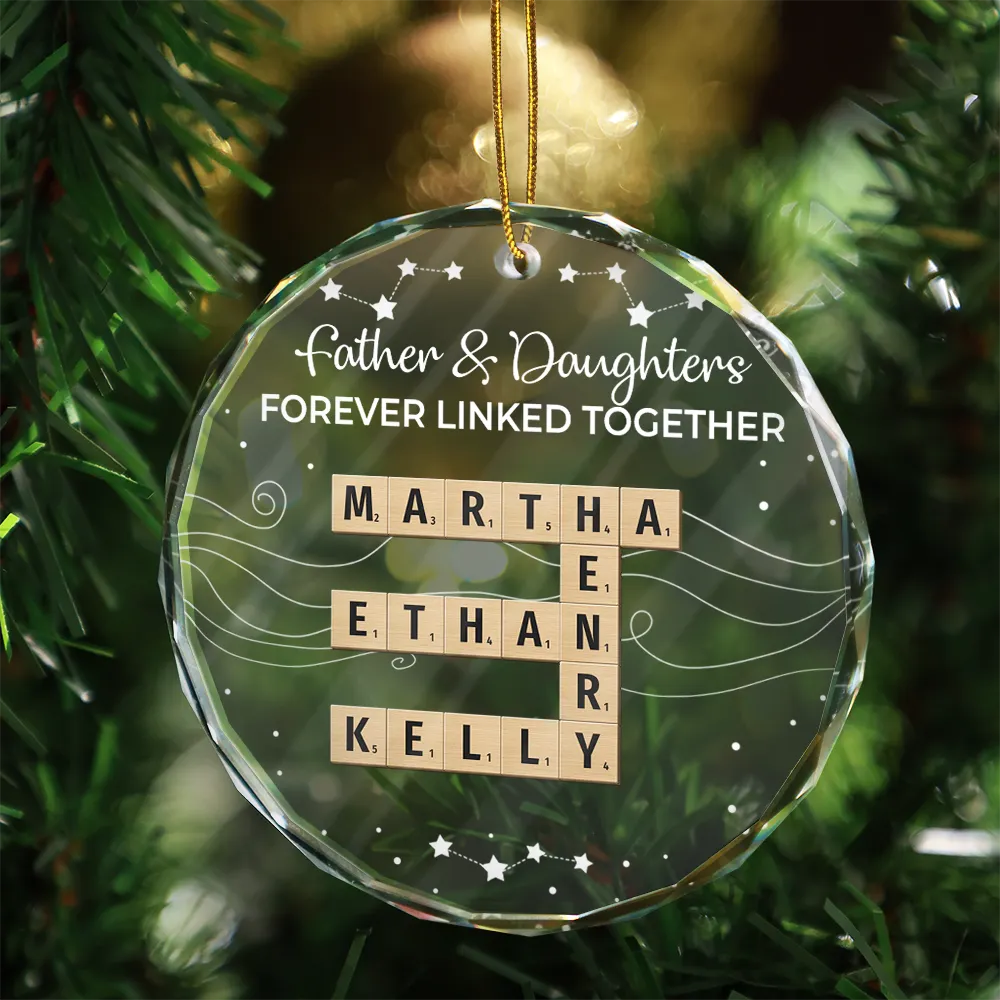Family,Gift For Mother,Gift For Father,Gift For Brothers,Gift For Sisters,Gift For Grandpa,Gift For Grandma,Grandpa - Grandkids,Grandma - Grandkids,Gift For Grandkids,Cousin,Gift For Sibling,Gift For Women,Gift For Men,Gift For Daughter,Happy,Christmas - Crossword Family Forever Linked Together - Personalized Circle Glass Ornament